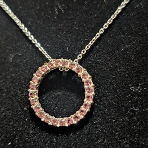 Circle Pink Colored Rhinestones Oct Pendent Necklace 17"- 20" L Silvertone